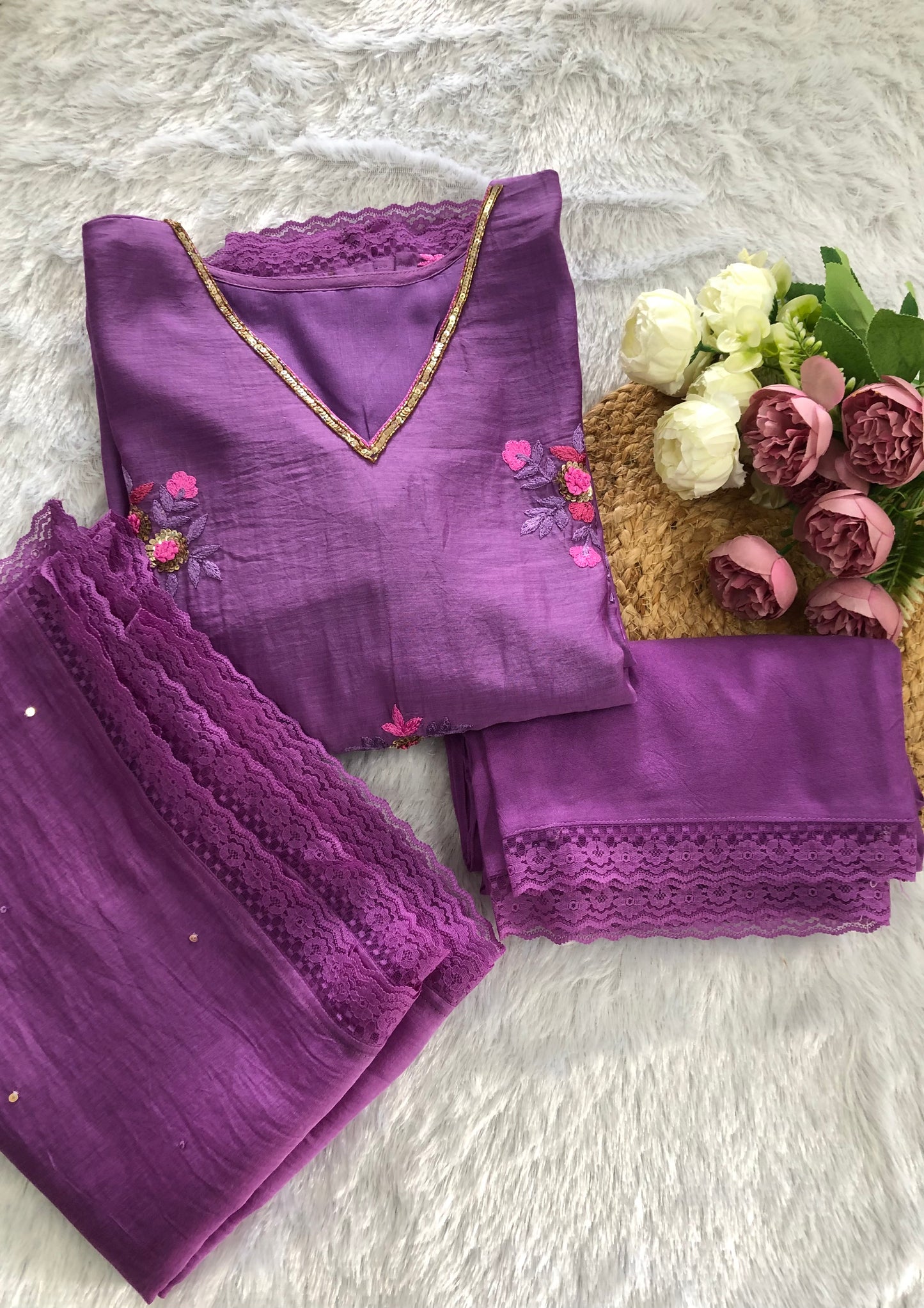 Orchid Veil: Berry Purple Chanderi Suit with Floral Embroidery & Lace
