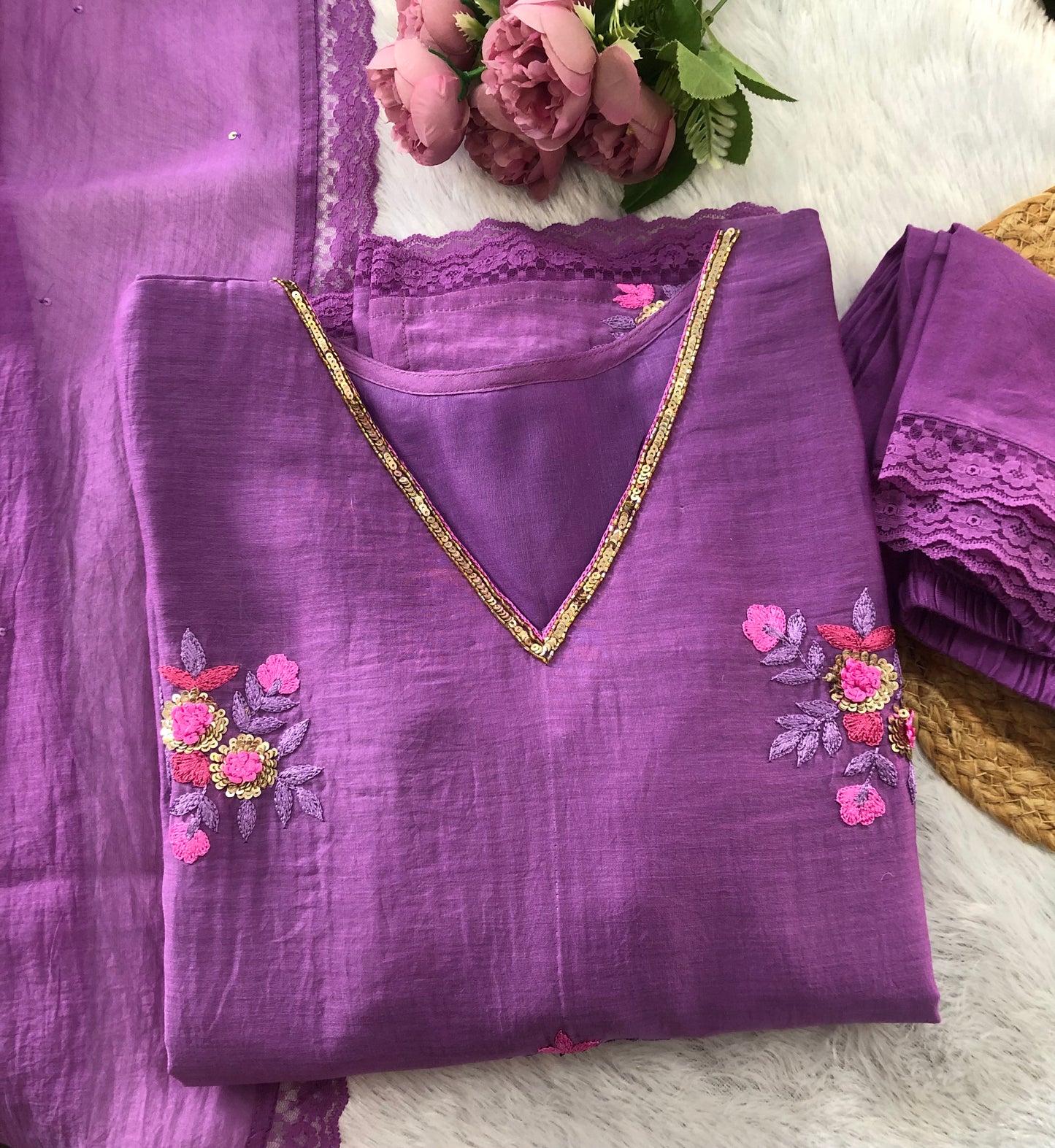 Orchid Veil: Berry Purple Chanderi Suit with Floral Embroidery & Lace
