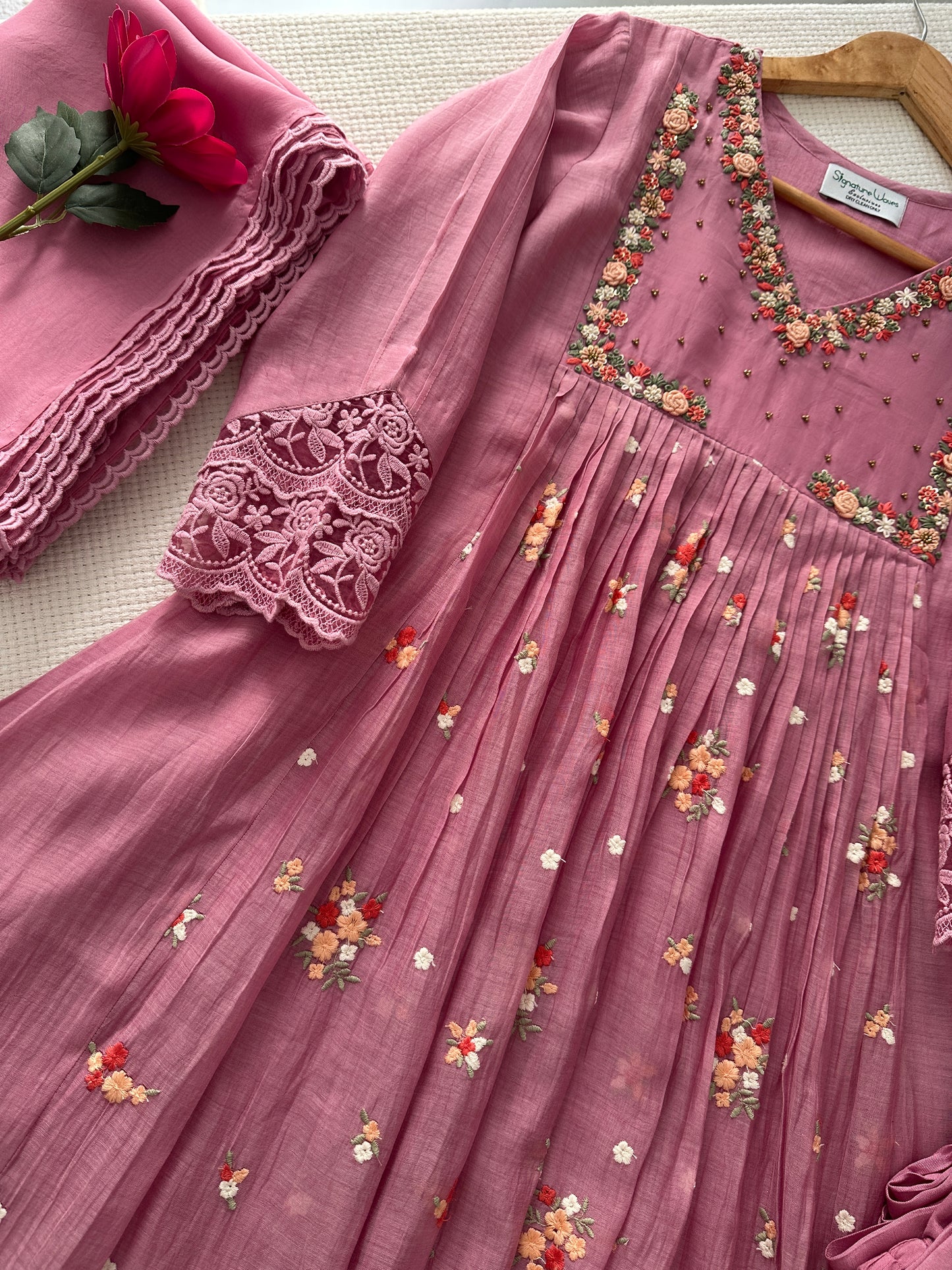 Petal Haze Suit Set – Dusty Rose Elegance with Delicate Floral Handwork