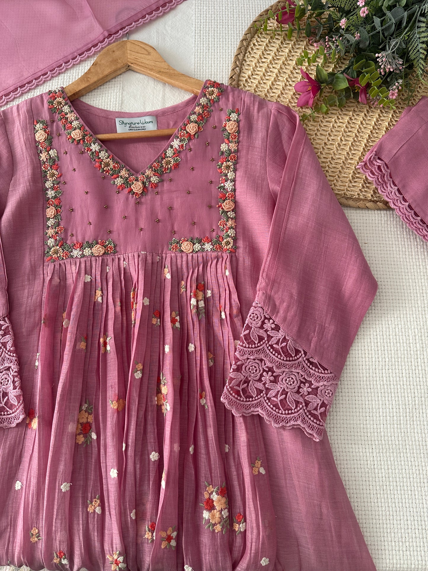 Petal Haze Suit Set – Dusty Rose Elegance with Delicate Floral Handwork