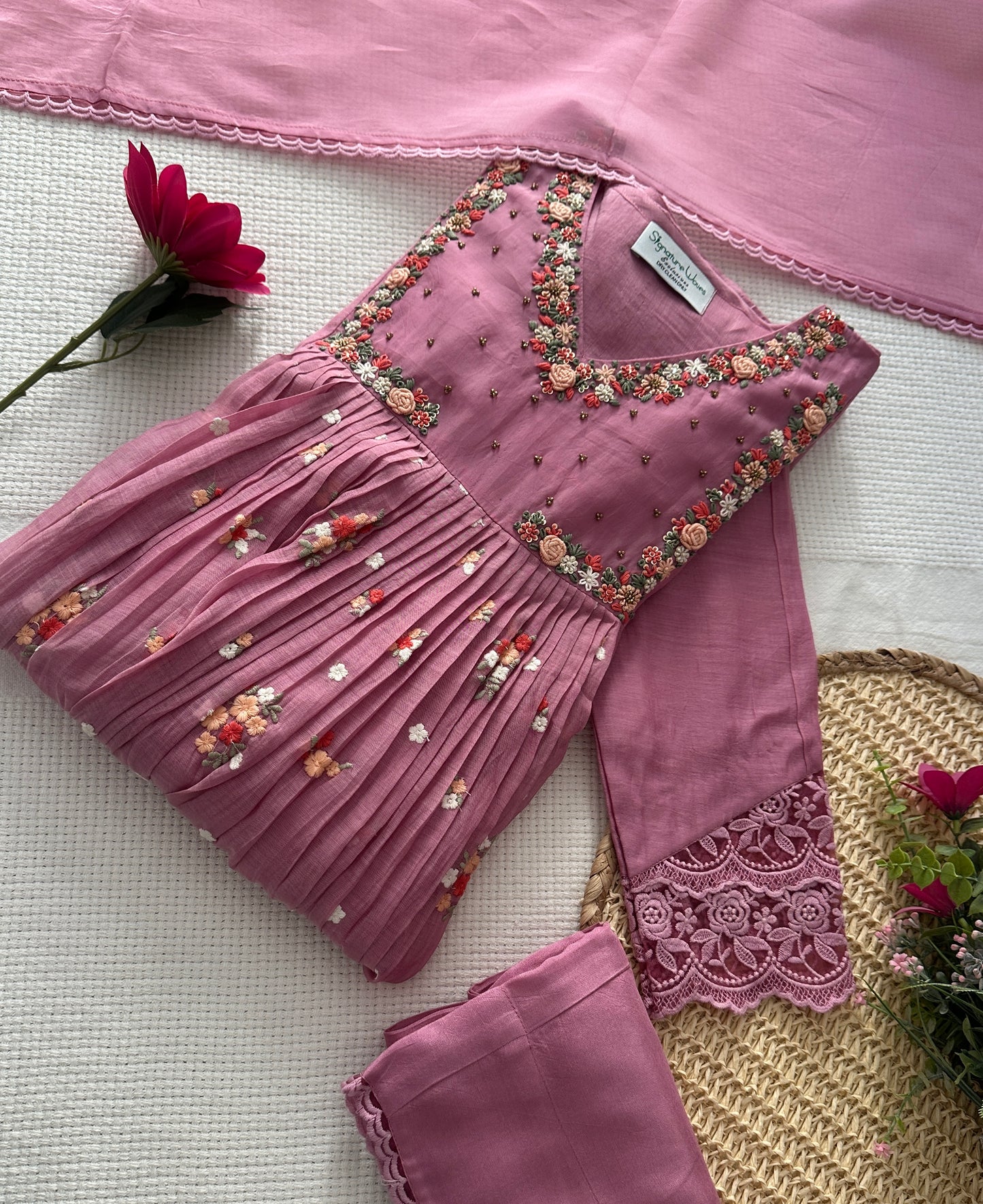 Petal Haze Suit Set – Dusty Rose Elegance with Delicate Floral Handwork