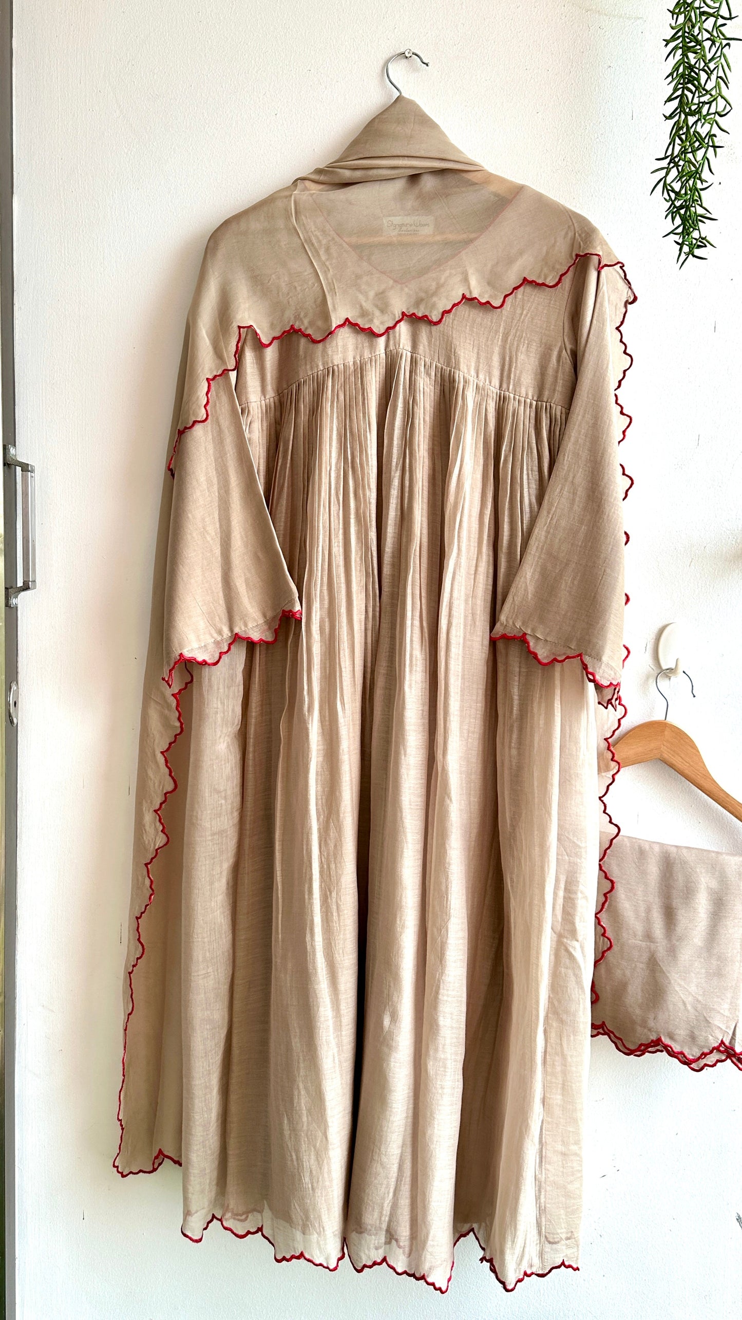 Whispered Grace Suit Set – Soft Beige Elegance with Scarlet Detail