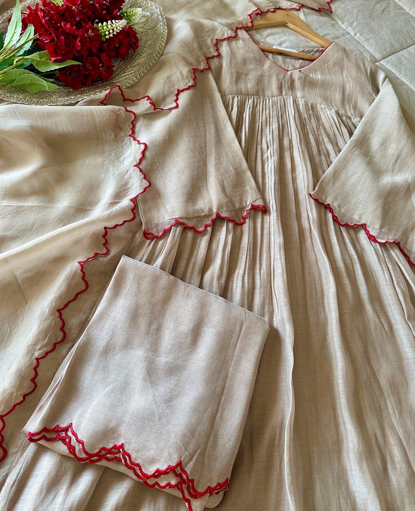 Whispered Grace Suit Set – Soft Beige Elegance with Scarlet Detail