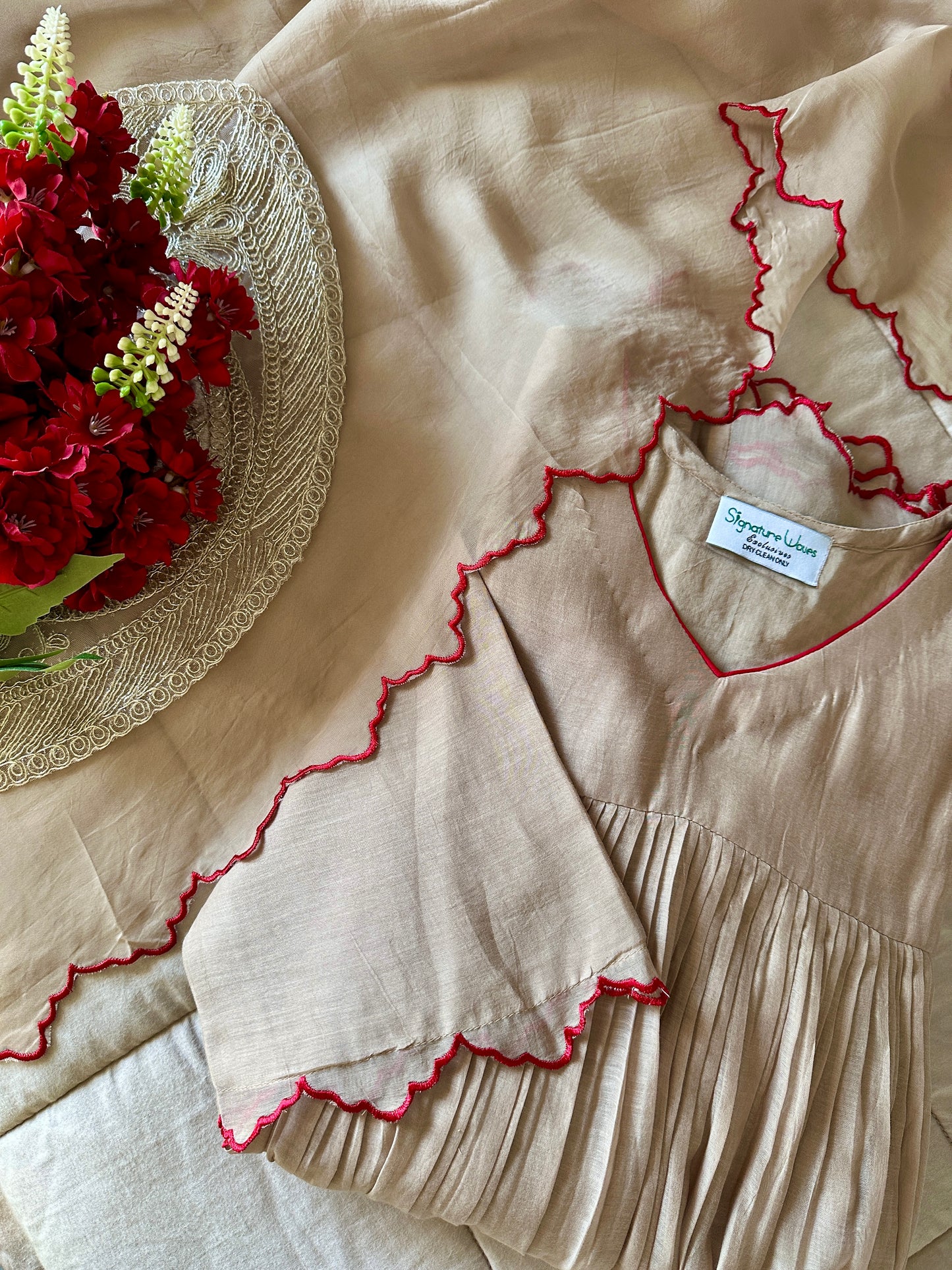 Whispered Grace Suit Set – Soft Beige Elegance with Scarlet Detail