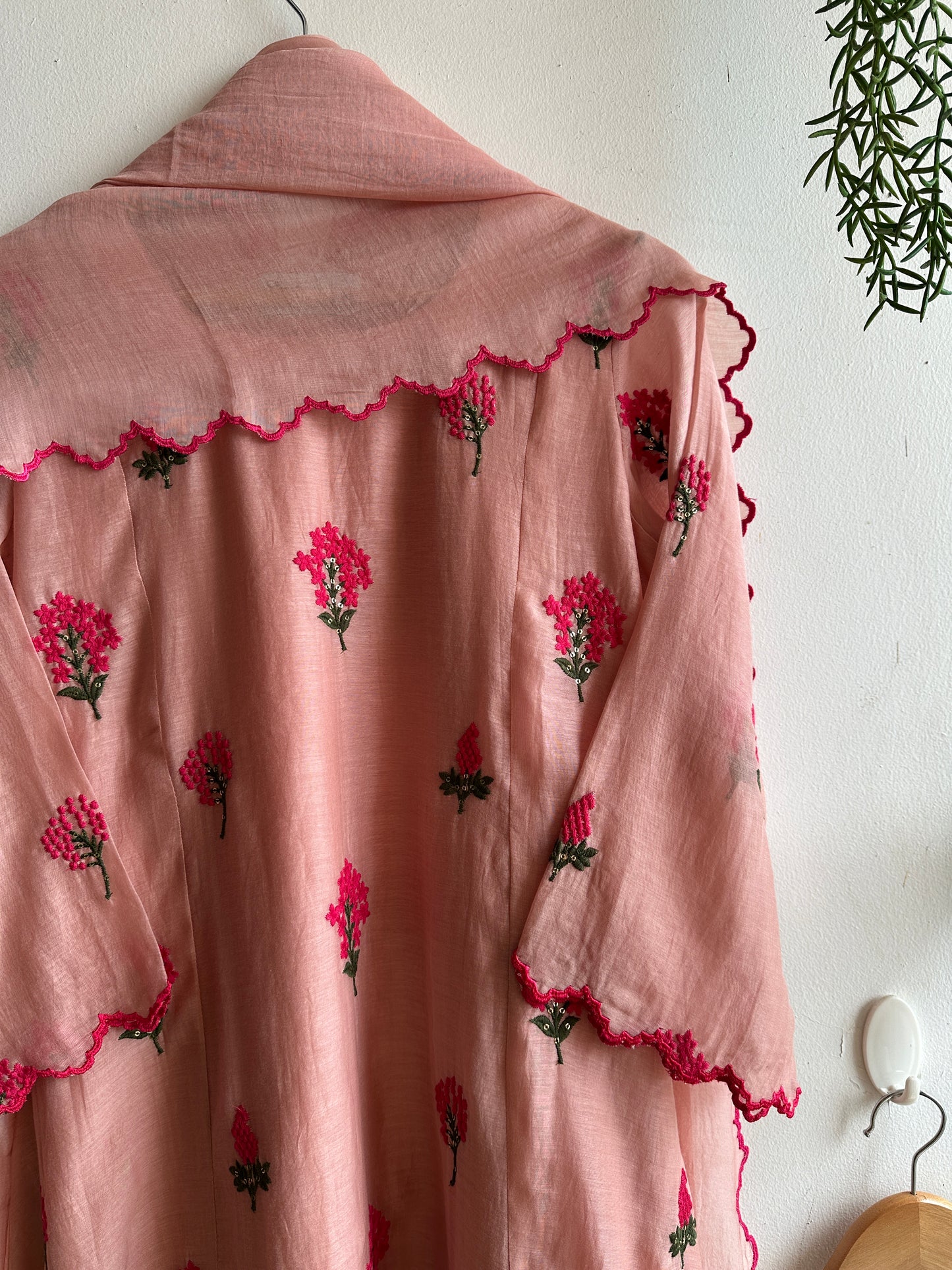 Rosy Veil Anarkali Set – Blush Pink Mul Chanderi with Scalloped Elegance