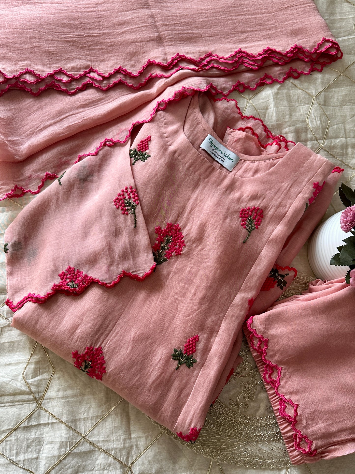 Rosy Veil Anarkali Set – Blush Pink Mul Chanderi with Scalloped Elegance