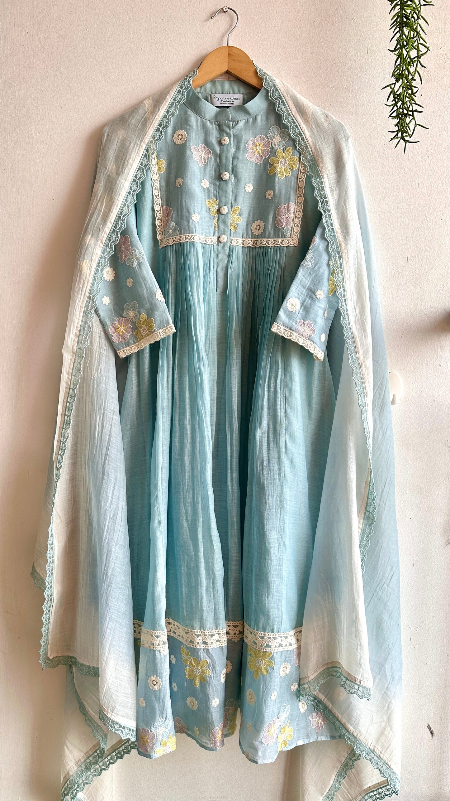 Sky Petal Chanderi Suit Set – Powder Blue Elegance with Floral Embroidery