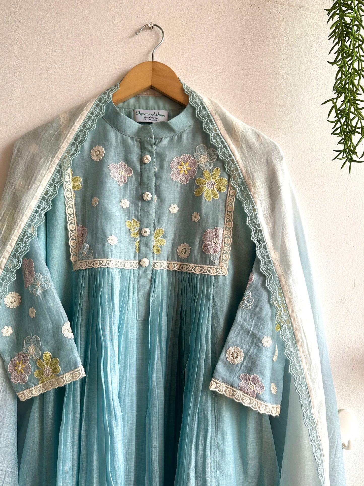 Sky Petal Chanderi Suit Set – Powder Blue Elegance with Floral Embroidery
