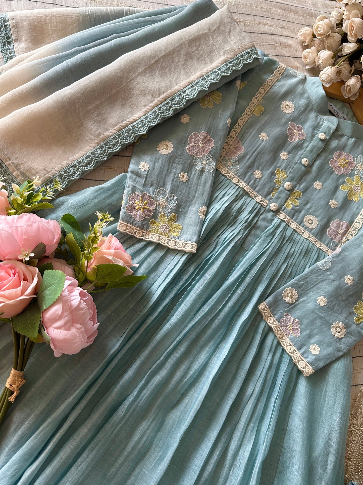 Sky Petal Chanderi Suit Set – Powder Blue Elegance with Floral Embroidery