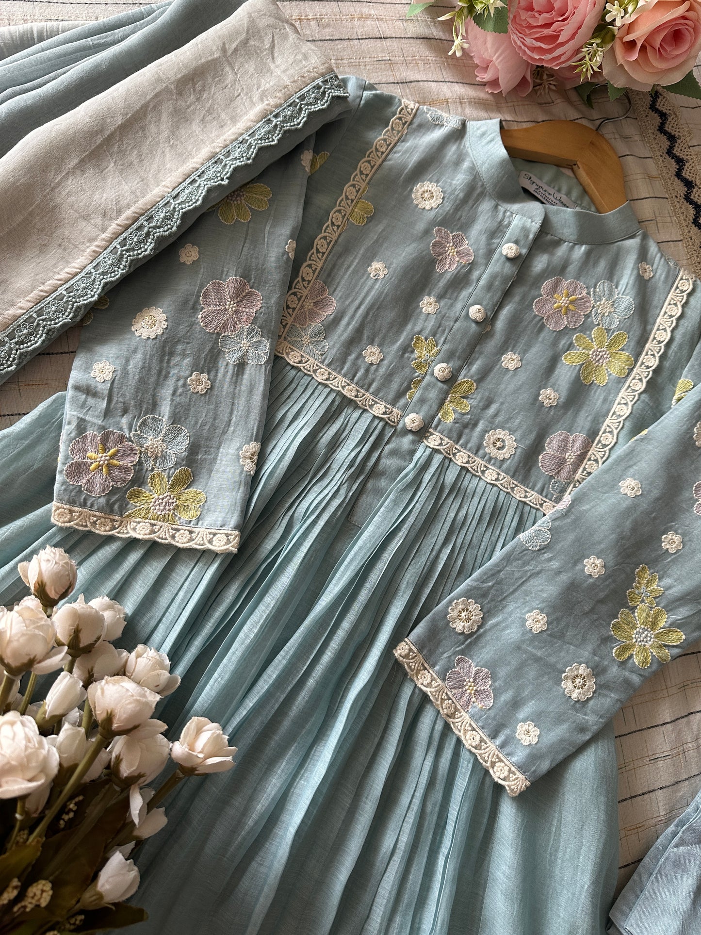 Sky Petal Chanderi Suit Set – Powder Blue Elegance with Floral Embroidery