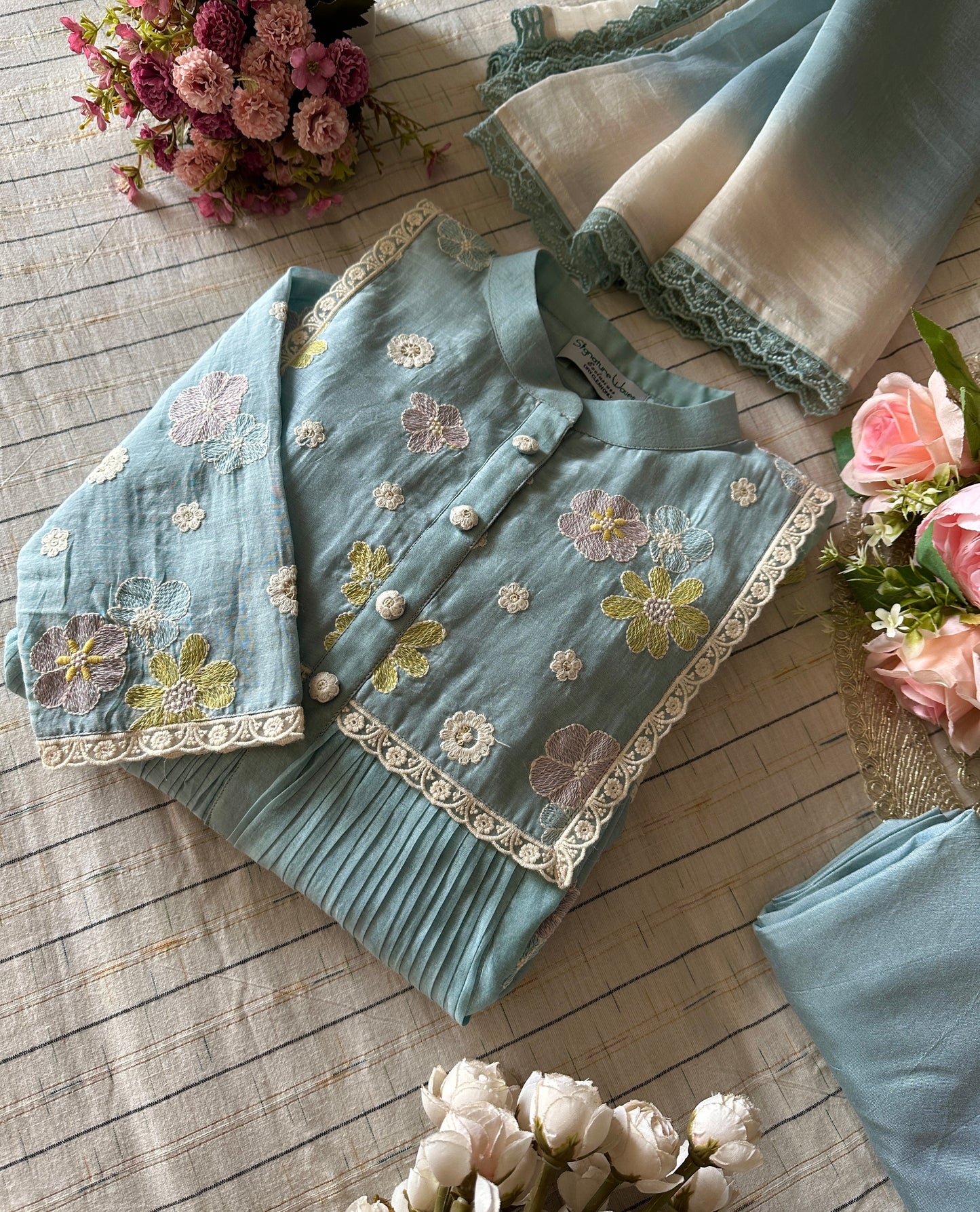 Sky Petal Chanderi Suit Set – Powder Blue Elegance with Floral Embroidery