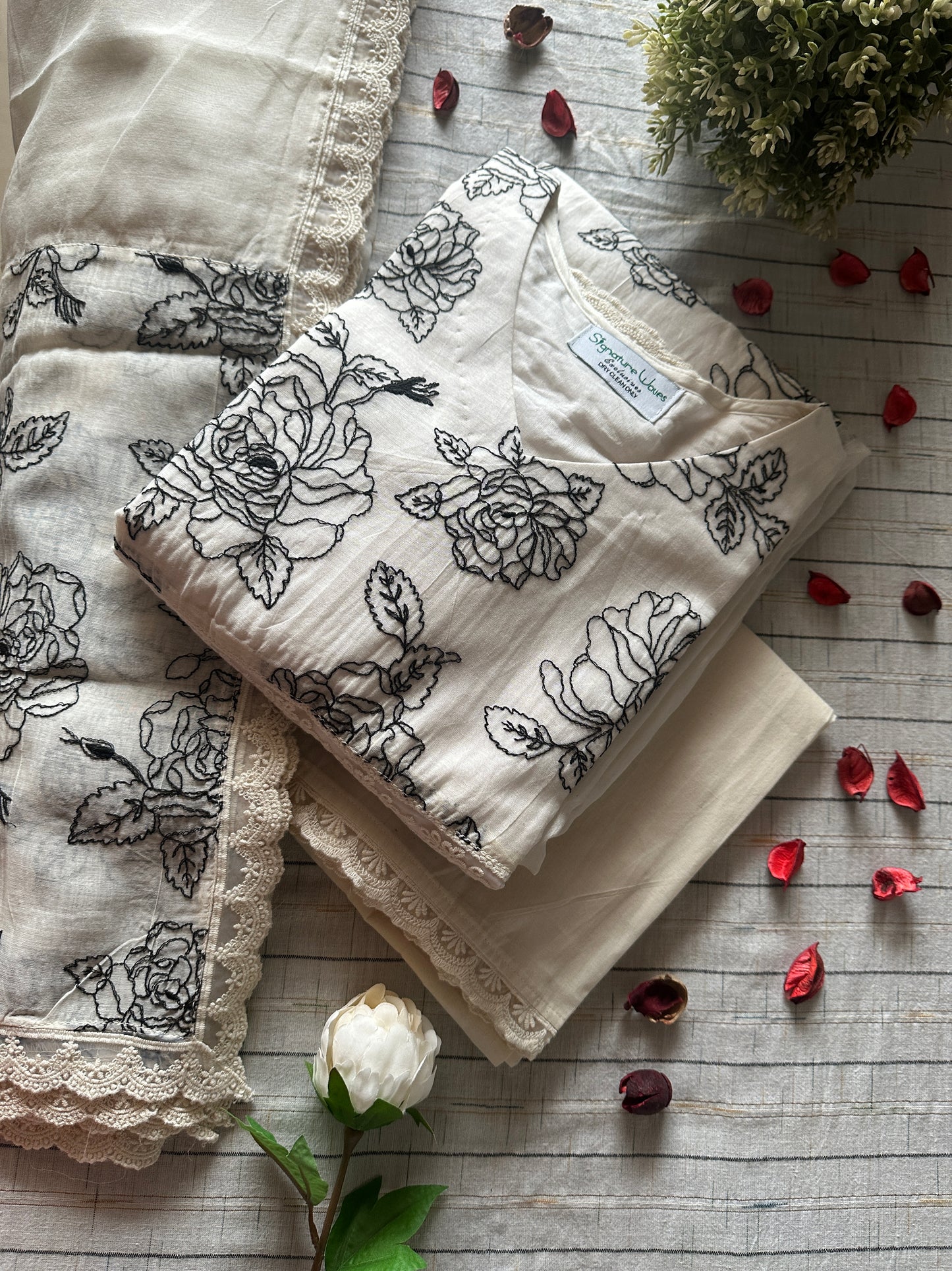 Noir Bloom Chanderi Suit Set – Monochrome Florals in Elegant Contrast