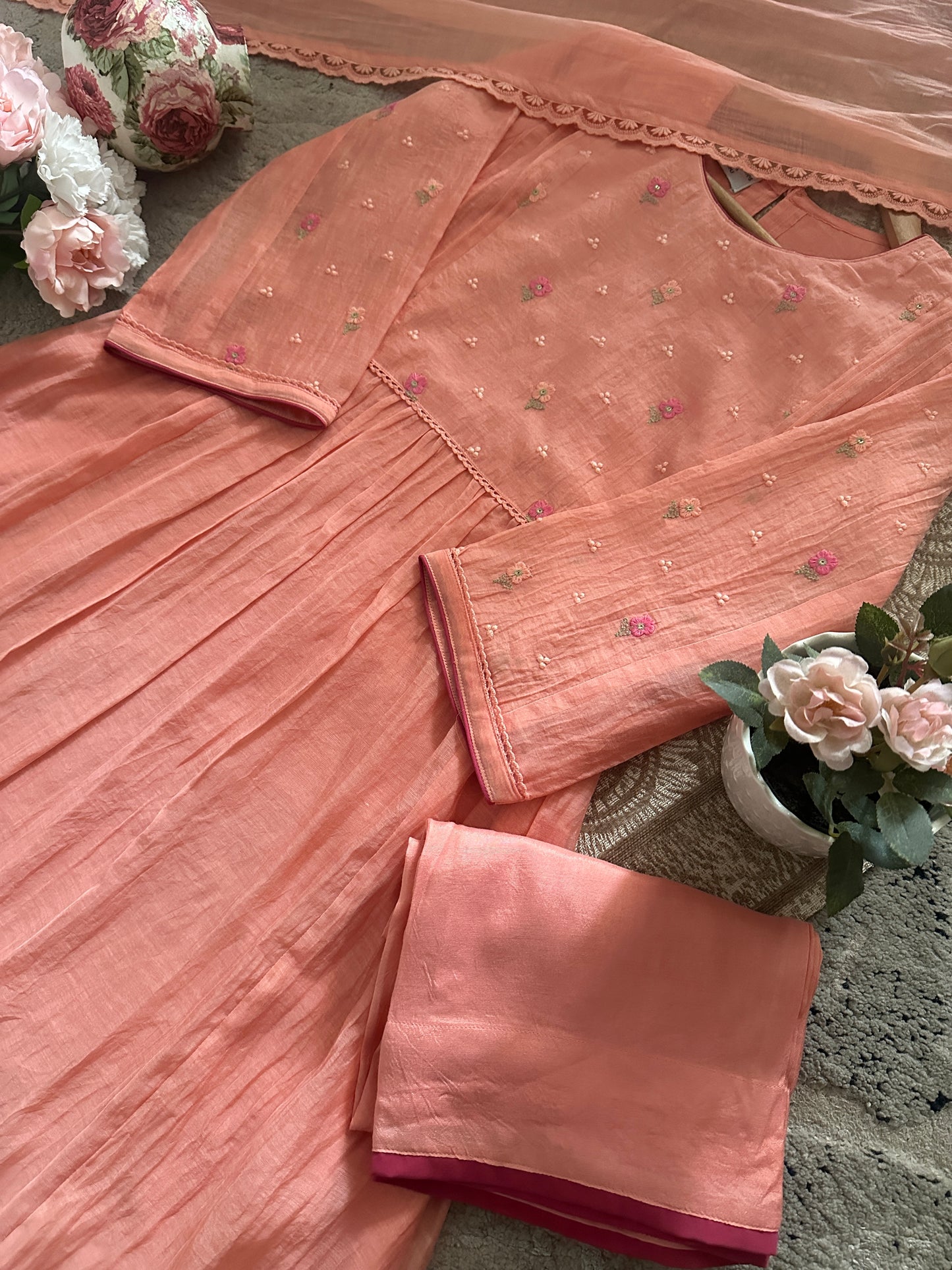 Spring Flowers: Chanderi Suit with Lace & Piping Details