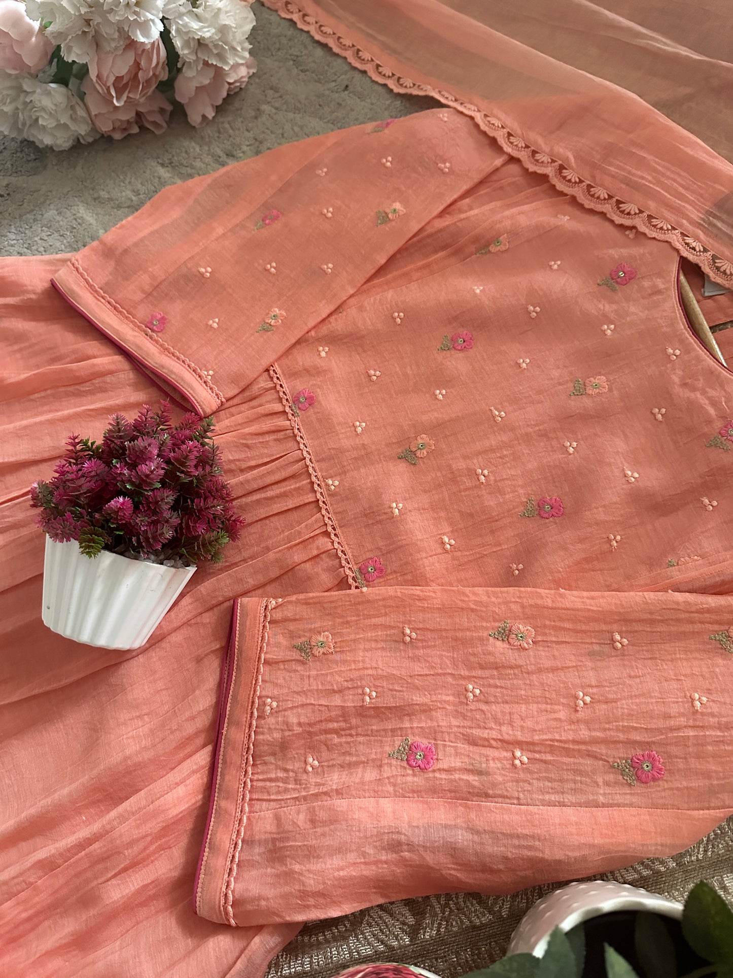Spring Flowers: Chanderi Suit with Lace & Piping Details