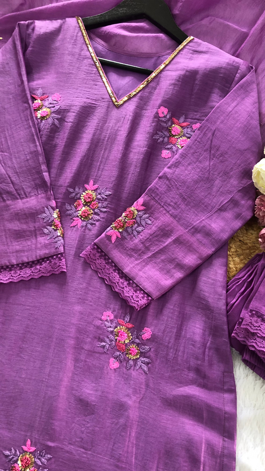 Orchid Veil: Berry Purple Chanderi Suit with Floral Embroidery & Lace