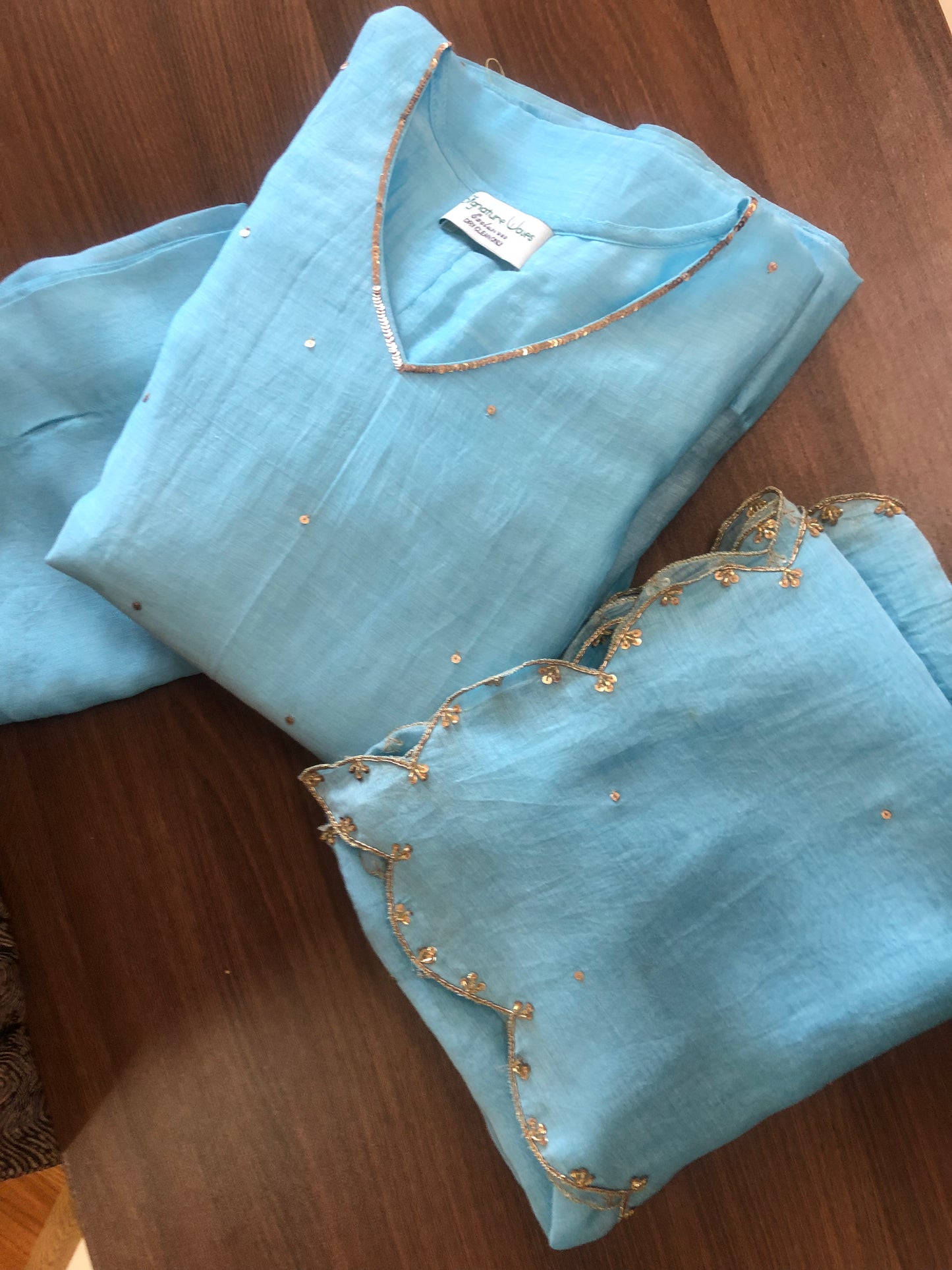 Blue Haze: Hand-Embellished Chanderi Set