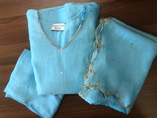 Blue Haze: Hand-Embellished Chanderi Set