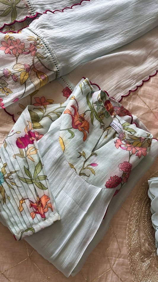 Blue Haze Chanderi Suit Set – Pastel Perfection with Floral Charm