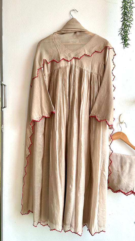 Whispered Grace Suit Set – Soft Beige Elegance with Scarlet Detail