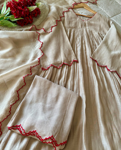 Whispered Grace Suit Set – Soft Beige Elegance with Scarlet Detail