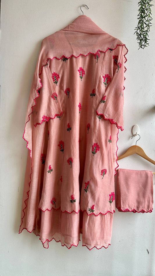 Rosy Veil Anarkali Set – Blush Pink Mul Chanderi with Scalloped Elegance