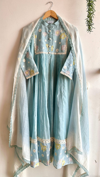 Sky Petal Chanderi Suit Set – Powder Blue Elegance with Floral Embroidery