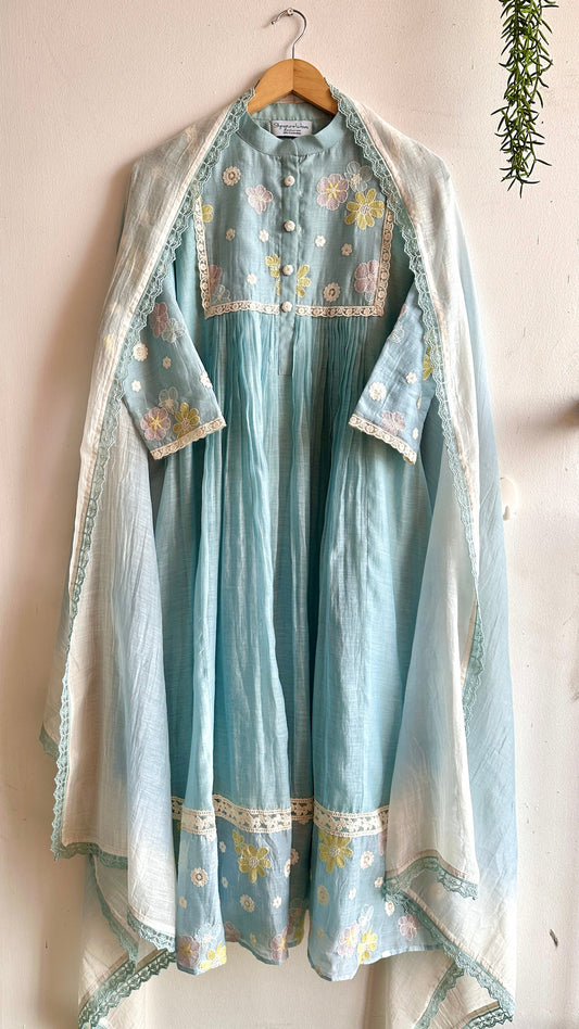 Sky Petal Chanderi Suit Set – Powder Blue Elegance with Floral Embroidery