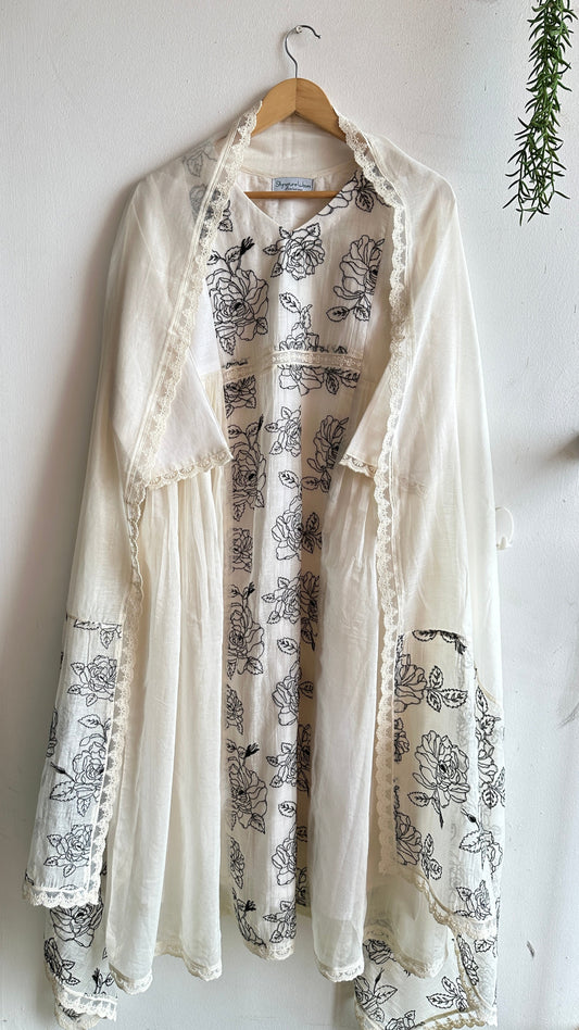 Noir Bloom Chanderi Suit Set – Monochrome Florals in Elegant Contrast