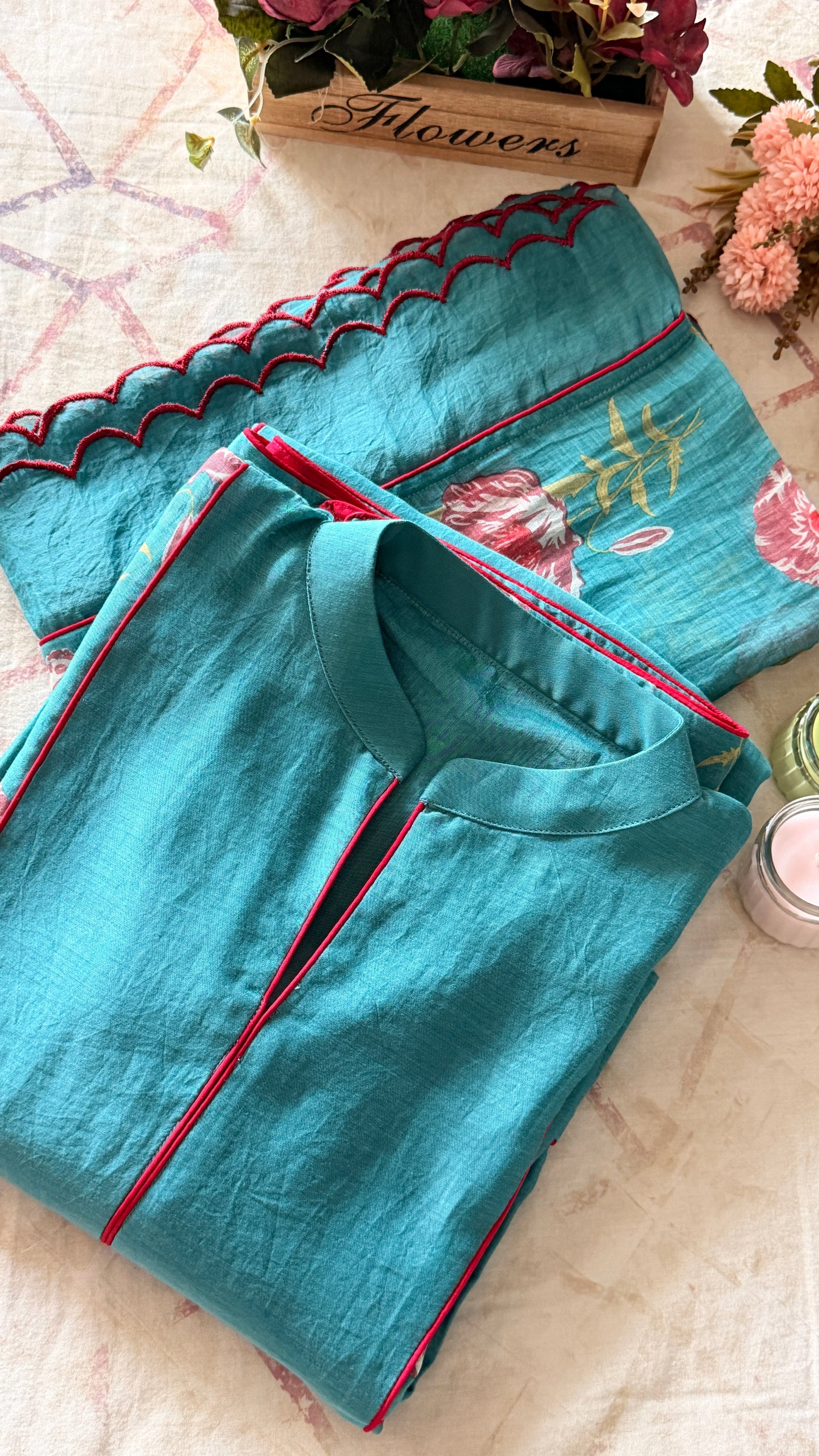 FLORALS ON TEAL